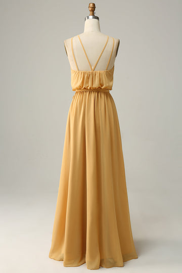 En Line Halter Yellow Long Brudepigekjole med Bowknot